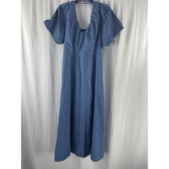 Old Navy Puff Sleeve Chambray Denim Dress XXL Prairie Western Cottage Cowgirl - Picture 2 of 13